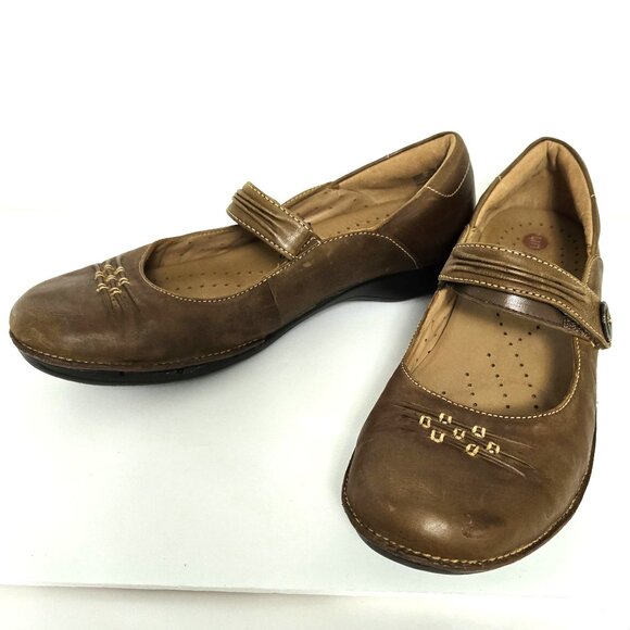 Clarks Unstructured Brown Leather Mary Jane Low Heel Comfort Shoes - Picture 1 of 5